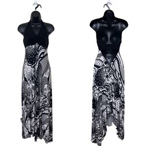 Autumn‎ Teneyl Dress Women's M/L Black White Floral Halter Maxi Stretch Boho Y2K